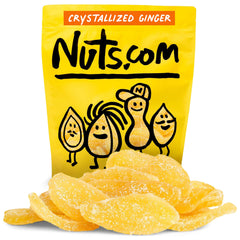 Nutscom crystallized ginger pieces in resealable bag, on-the-go digestive snack.