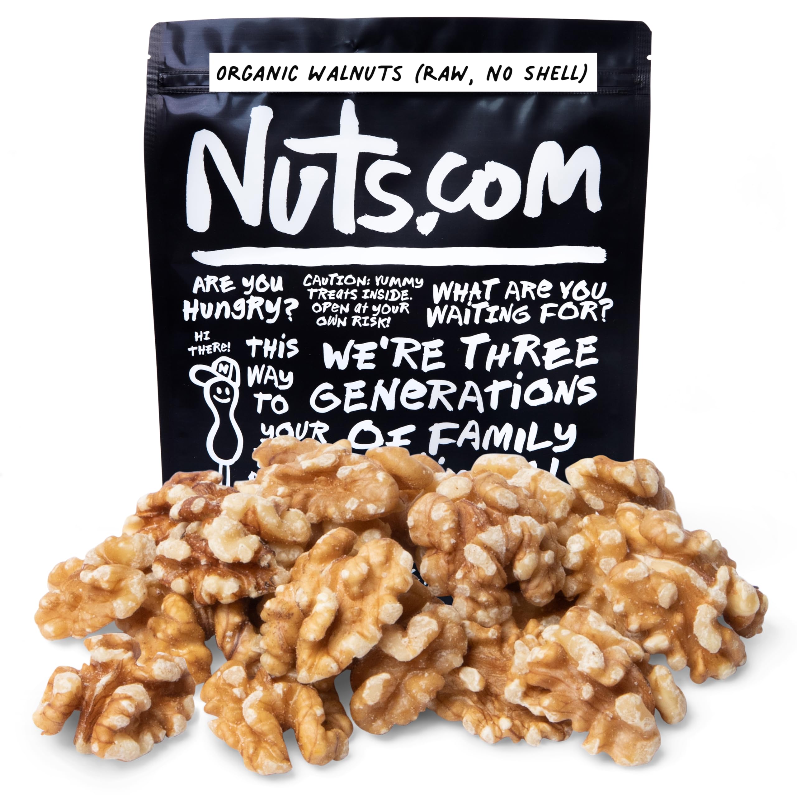 Nuts.com Organic Walnuts in resealable bag for convenient protein snack.