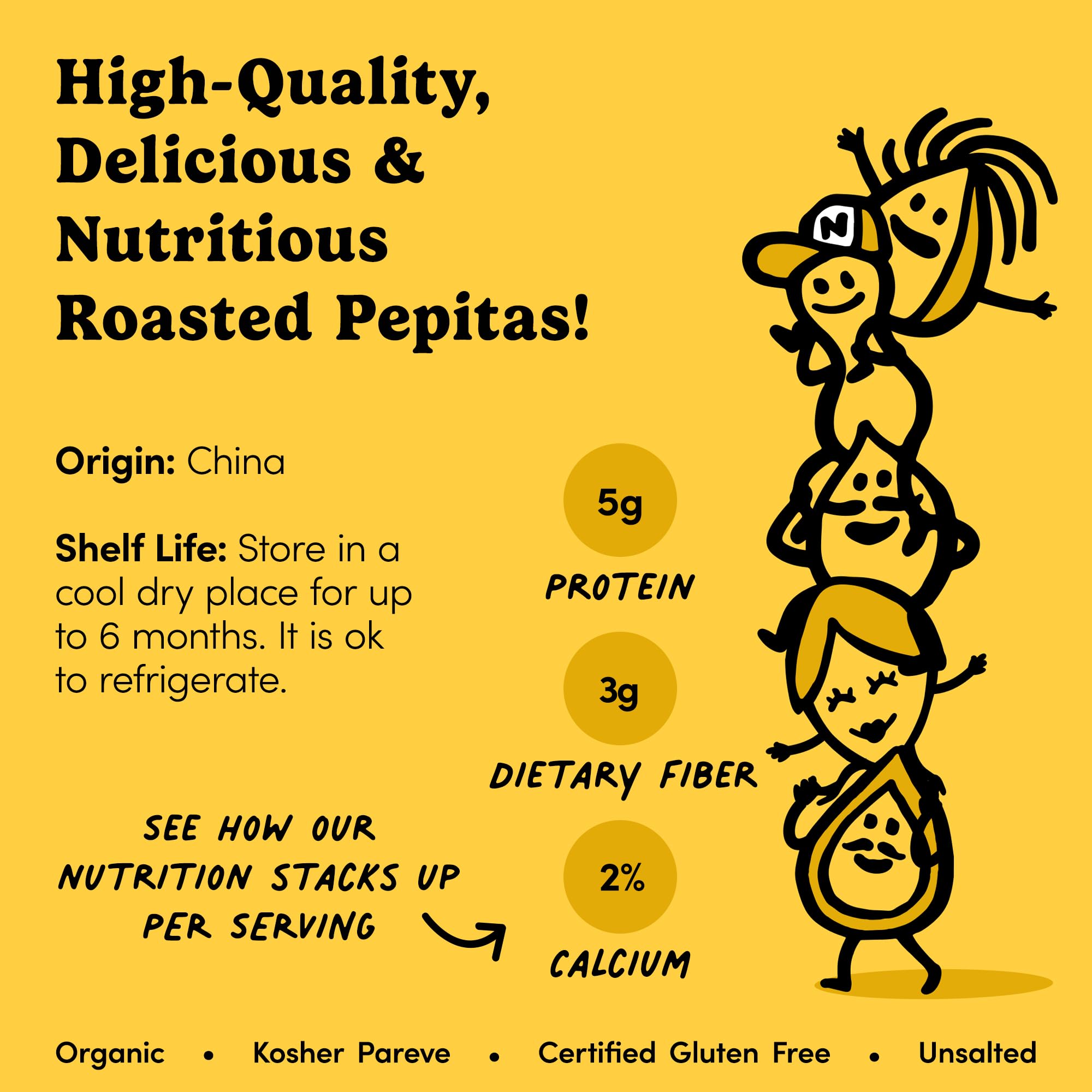 Nuts.com freshness seal on pepitas pack, long-lasting crunch.