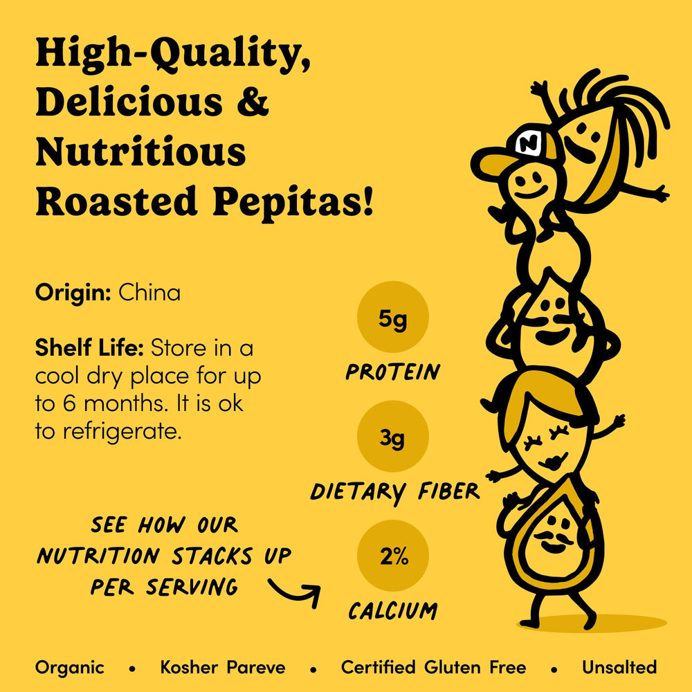 Nuts.com freshness seal on pepitas pack, long-lasting crunch.