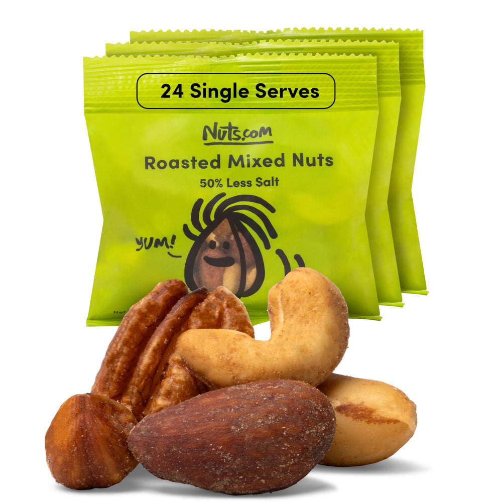 Nuts.com Roasted Mixed Nuts with 50% less salt in a convenient pack for flavor and freshness.