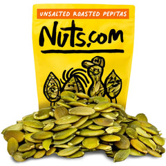 Nuts.com roasted pepitas 2lb bag unsalted, no shell, ideal low-sodium snack.