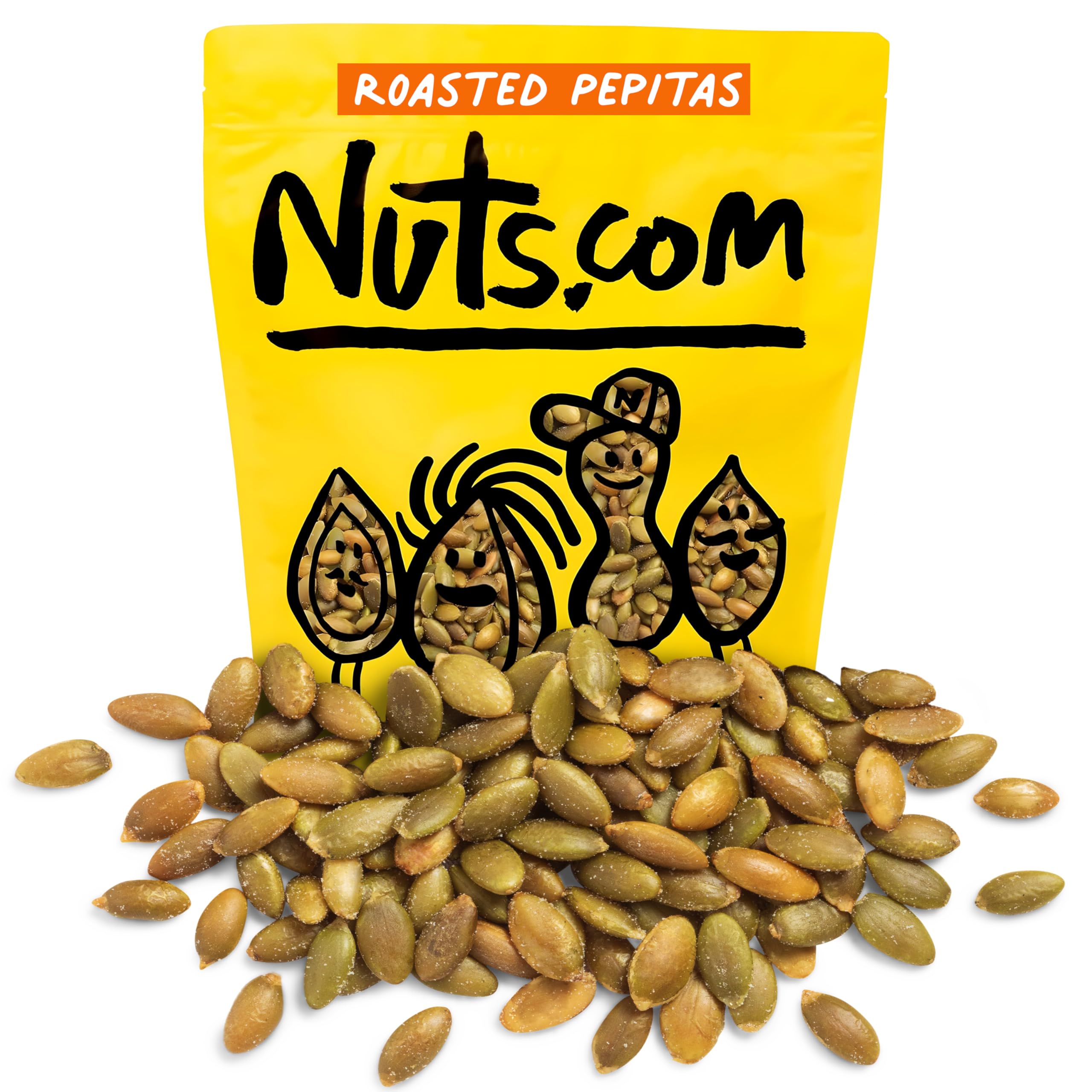 Nuts.com roasted pepitas 2lb bag on display, ideal high-protein snack.