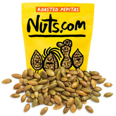 Nuts.com roasted pepitas 2lb bag on display, ideal high-protein snack.