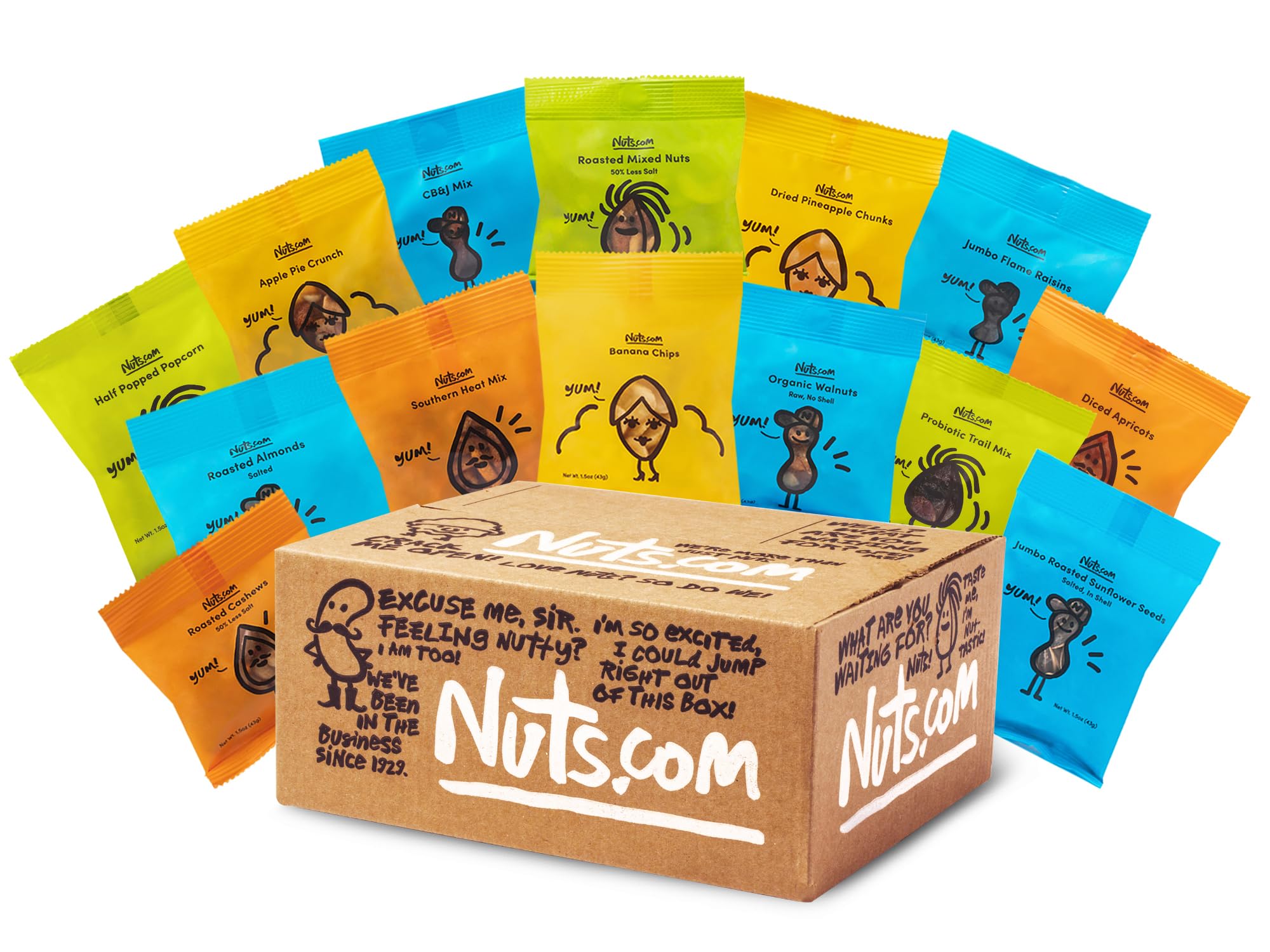 Nuts.com snack box showing mixed nuts and dried fruits ready for gifting
