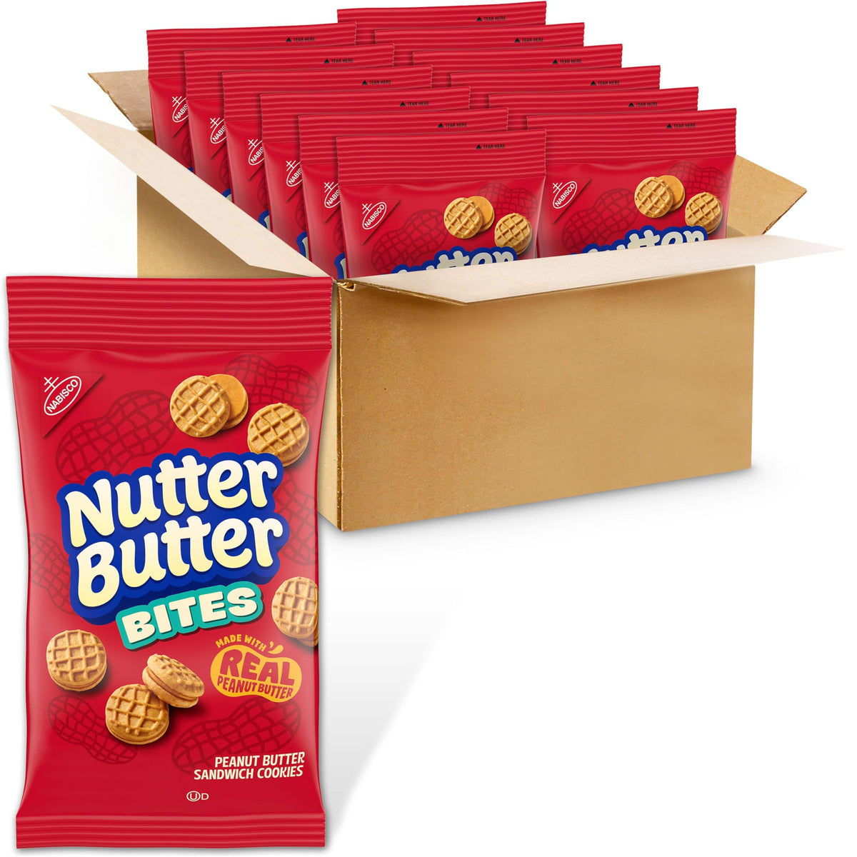 Nutter Butter Bites pack shot showing twelve 3 oz bags for easy on-the-go snacking