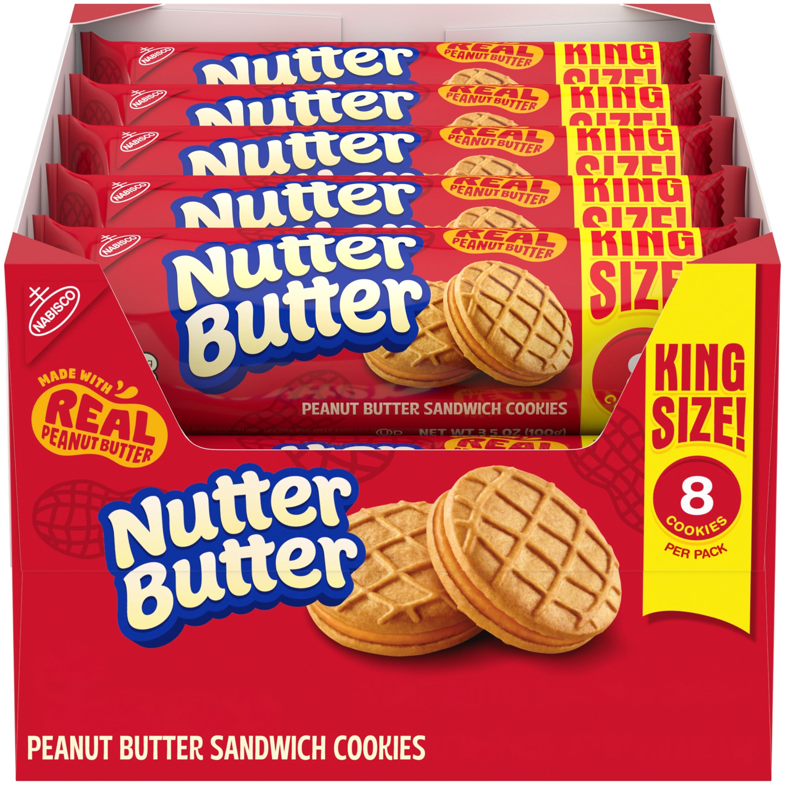 Nutter Butter king-size box front showing eight-cookie snack packs for on-the-go snacking.