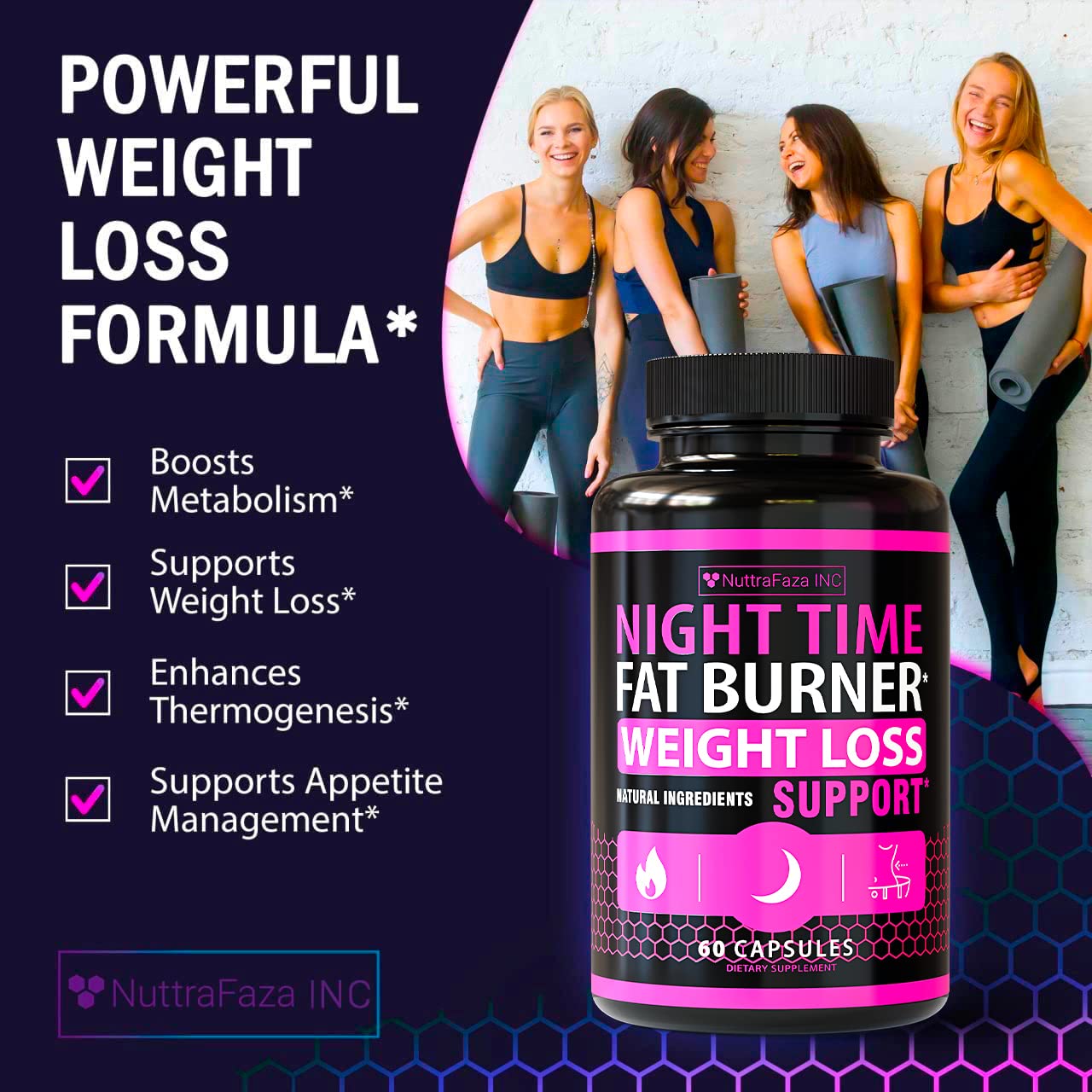 NuttraFaza night time fat burner packaging conveys USA-made quality