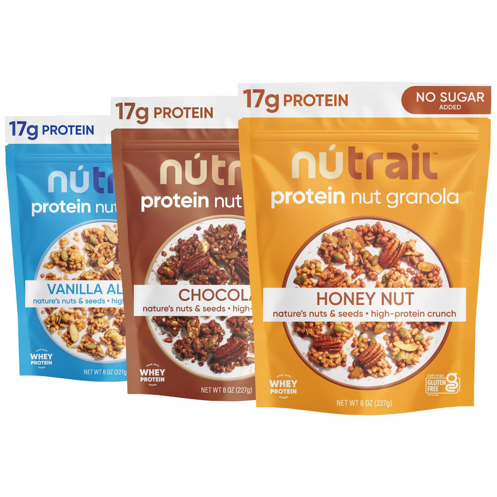 NuTrail 17g Protein Nut Granola Variety Pack for quick, protein-packed breakfasts.