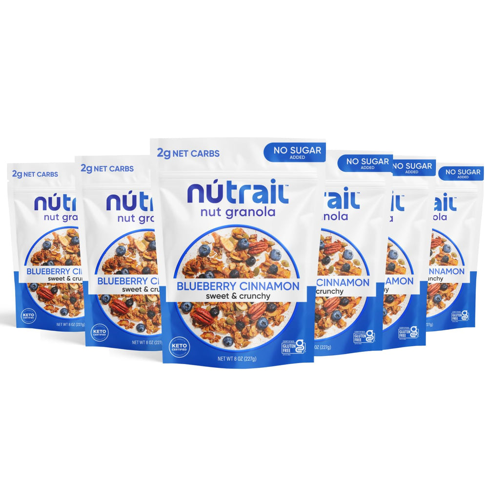 NuTrail Blueberry Cinnamon granola bag shows gluten-free, grain-free crunch for a quick breakfast