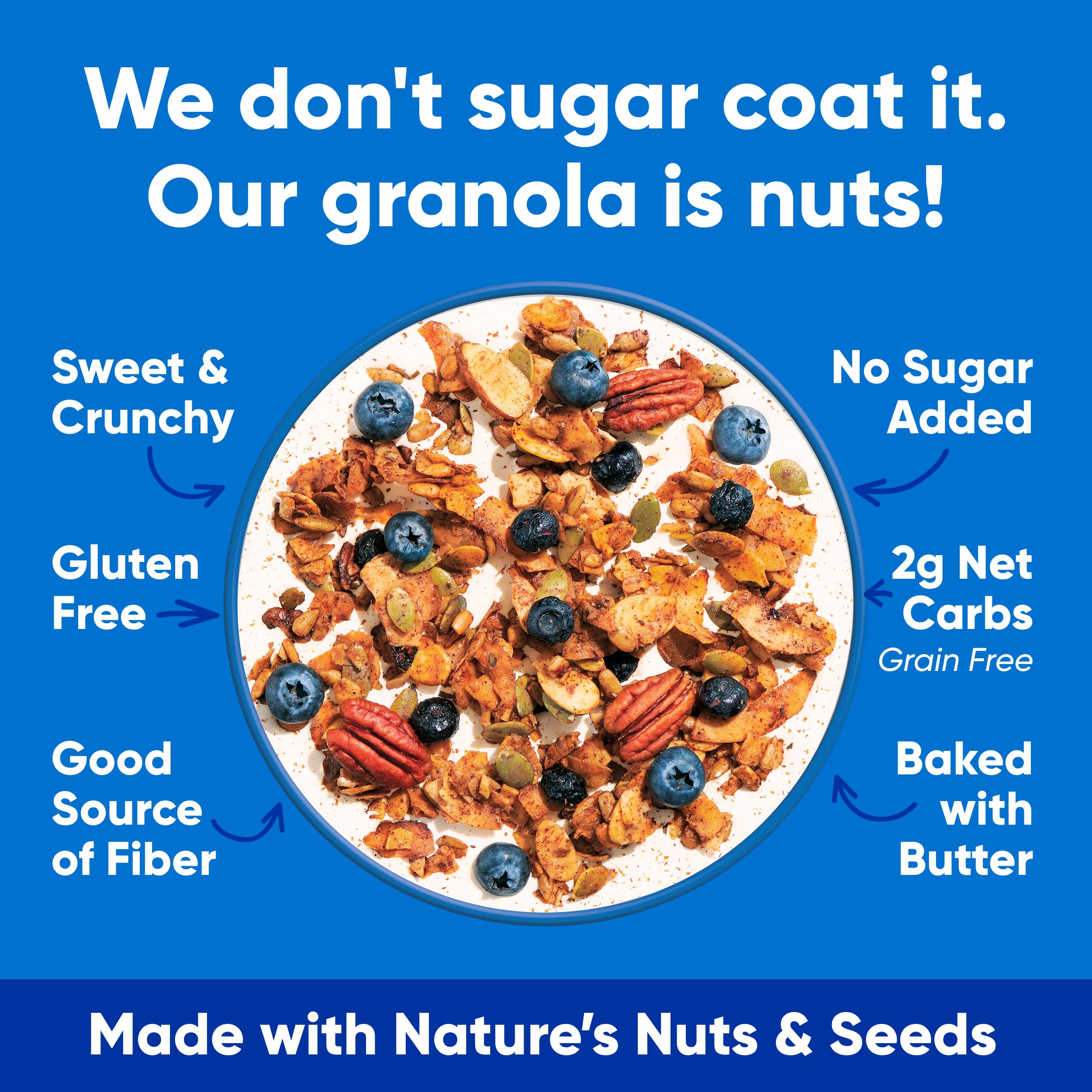 NuTrail Blueberry Cinnamon granola packaging communicates keto-friendly, gluten-free options on the go