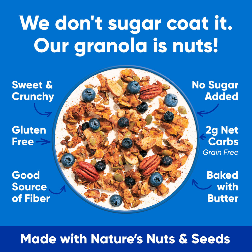 NuTrail Blueberry Cinnamon granola packaging communicates keto-friendly, gluten-free options on the go