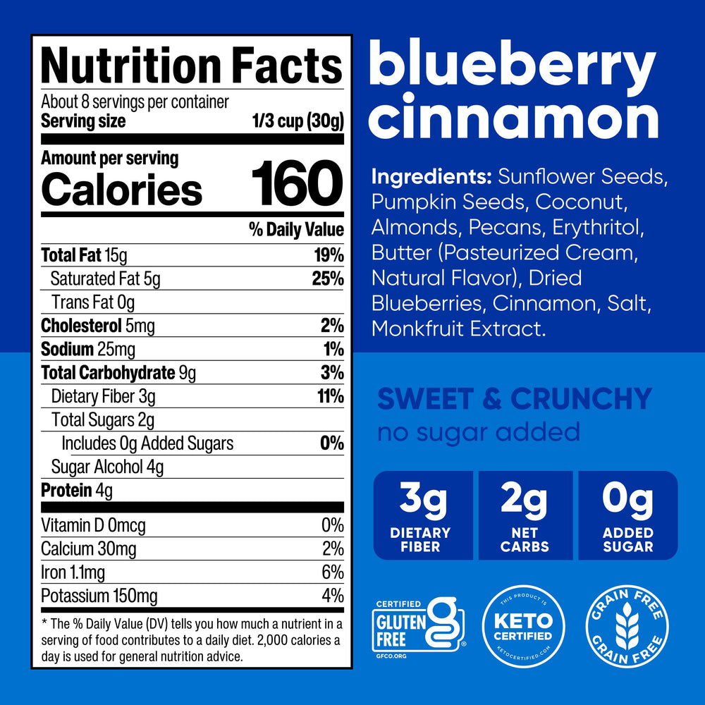 NuTrail Blueberry Cinnamon granola pouring highlights low-carb, no sugar added snacking convenience