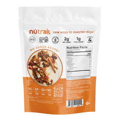 NuTrail Cinnamon Pecan granola in a bowl with milk and fruit