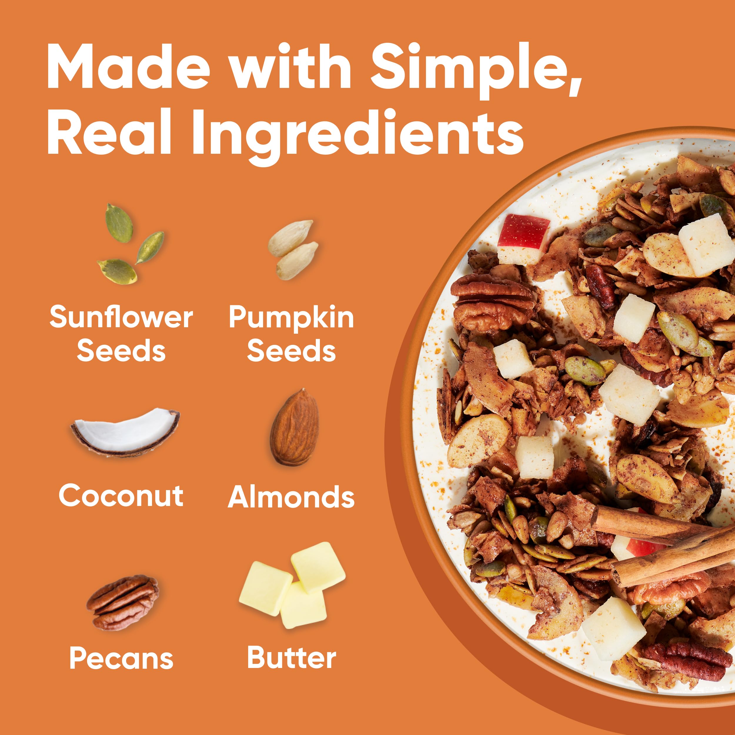 Closeup of NuTrail Cinnamon Pecan granola ingredients: seeds, coconut, nuts