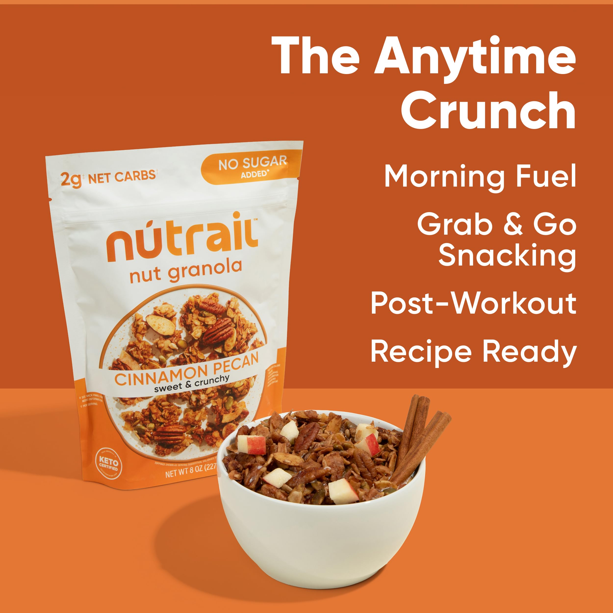 Pouring NuTrail Cinnamon Pecan granola with milk for a simple morning