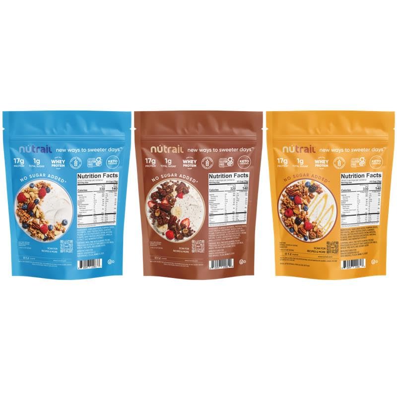 NuTrail granola protein crisps close-up showing crunchy texture and energy boost.