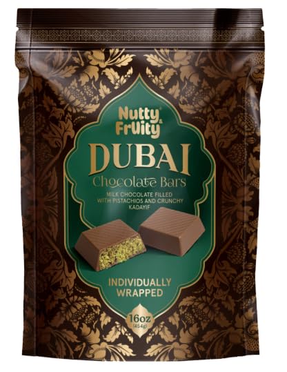 Nutty and Fruity Dubai Chocolate Bars packaging with gold design, ideal for gifting.