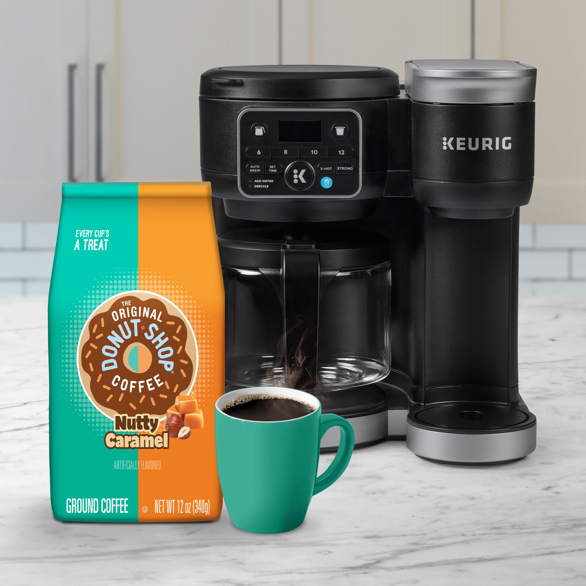 Nutty Caramel coffee label closeup emphasizes flavor and premium grinding.