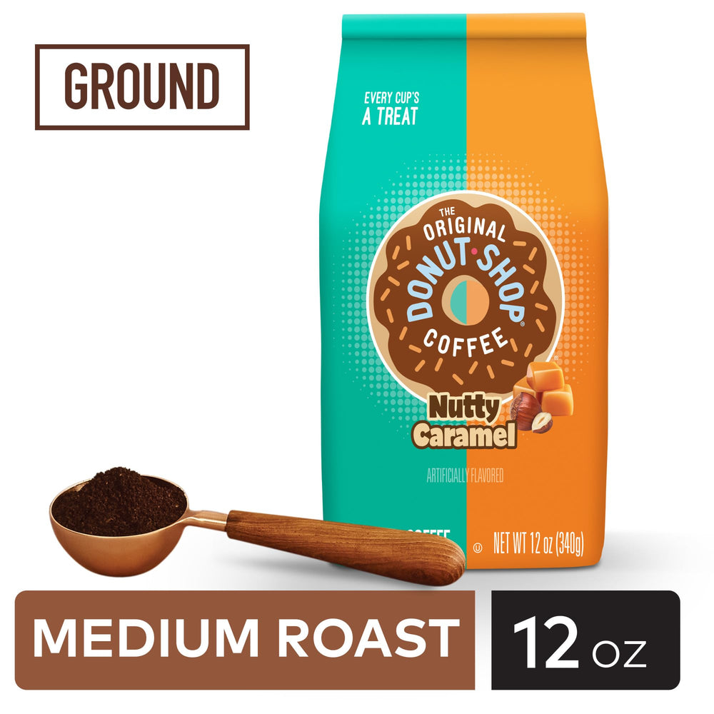 Nutty Caramel ground coffee spoon portion close-up for convenient measurement.