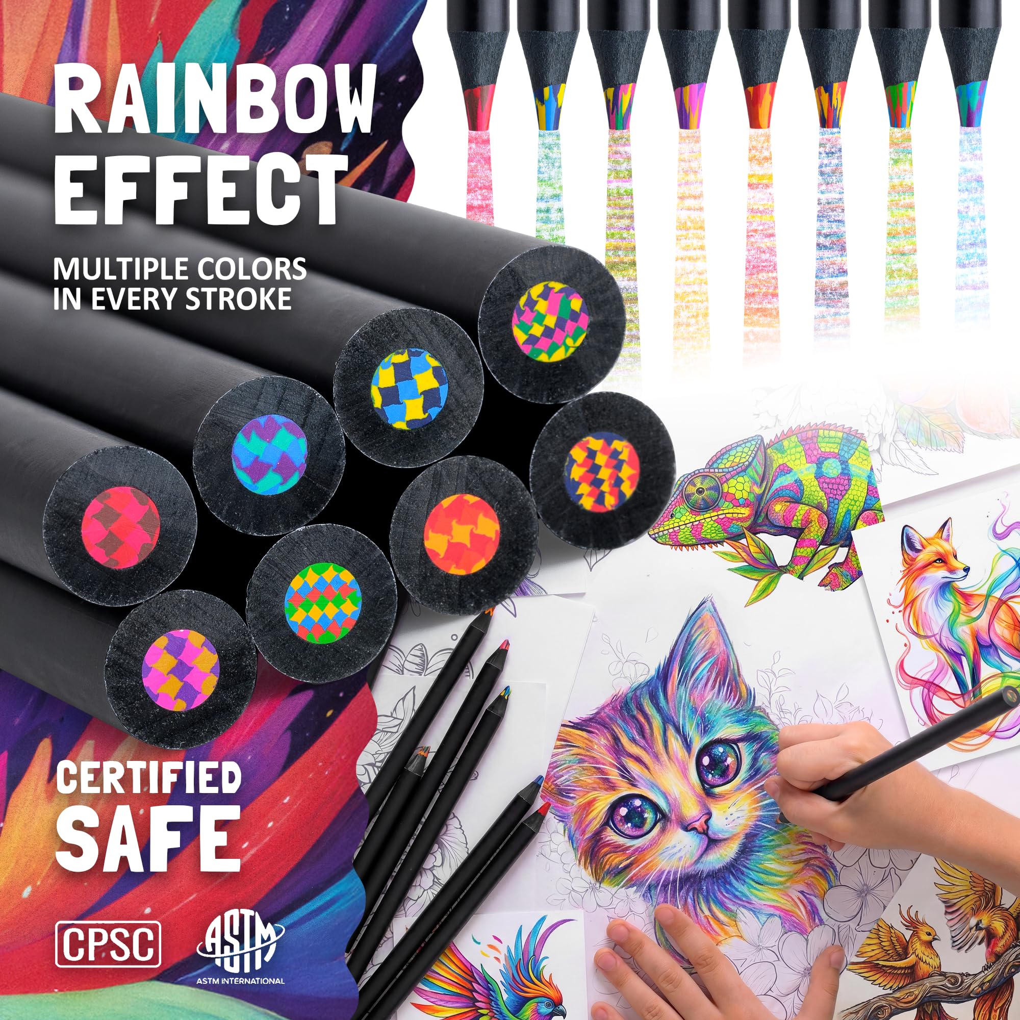 Closeup of Nutty Toys rainbow pencils showing vibrant colors for drawing.