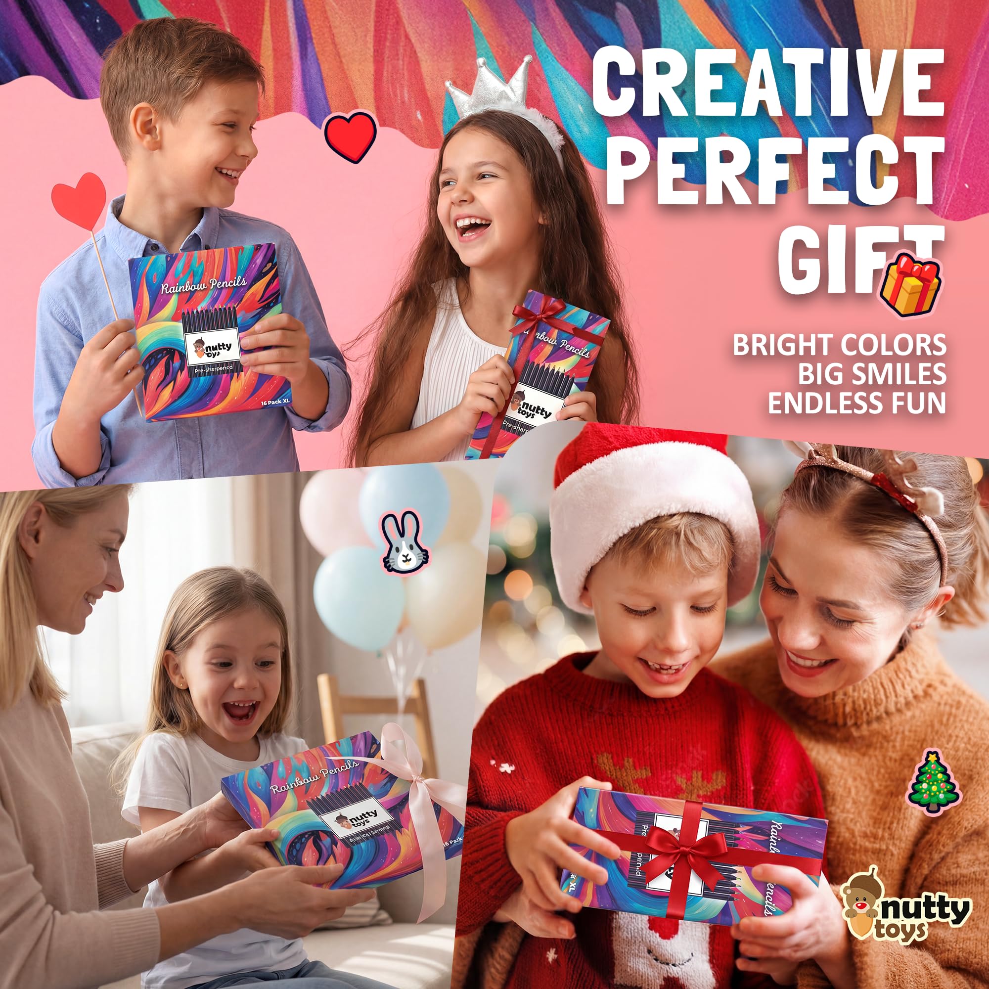 Gift-ready Nutty Toys rainbow pencils packaging, perfect for stocking stuffers.