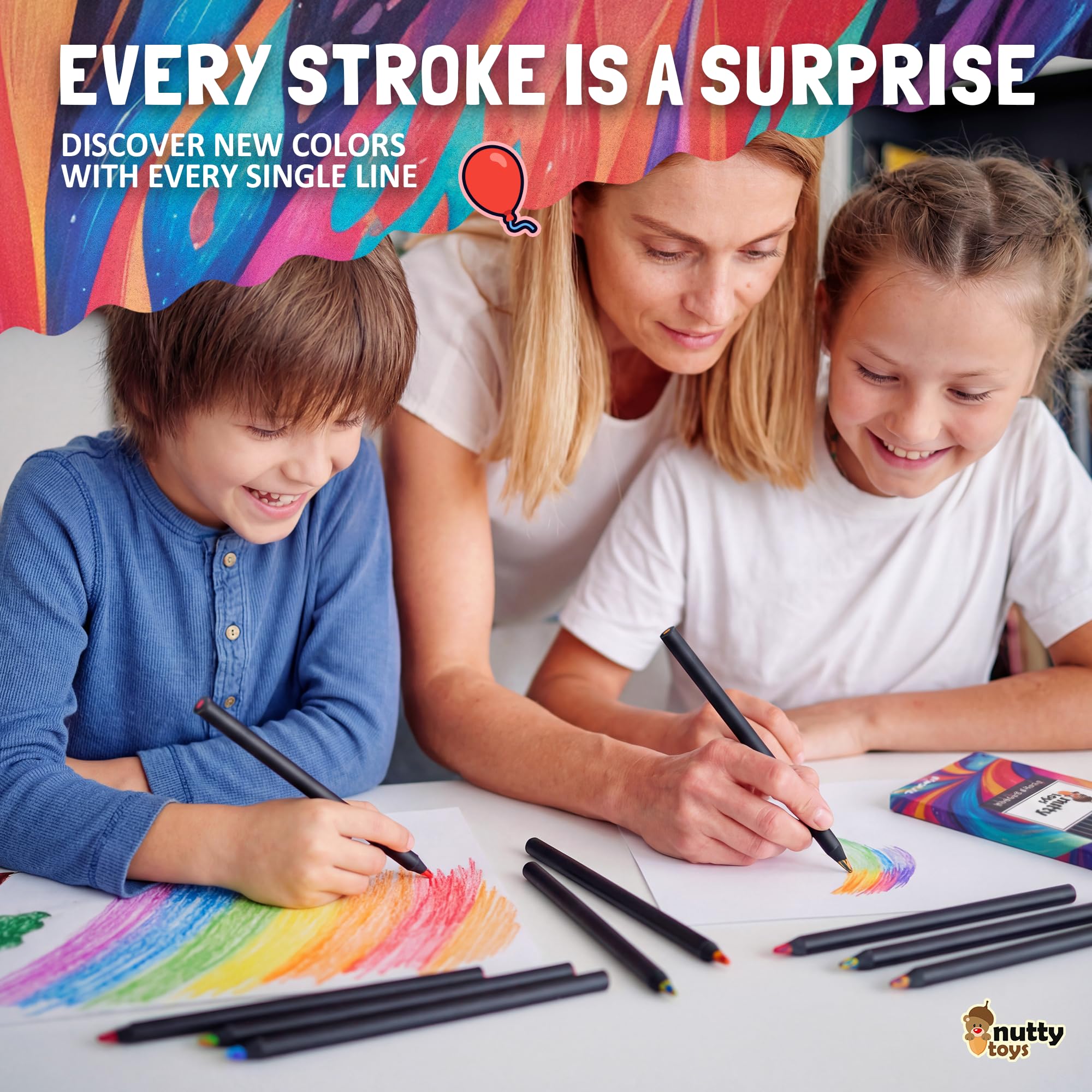 Kids holding Nutty Toys rainbow pencils for colorful art and doodling.