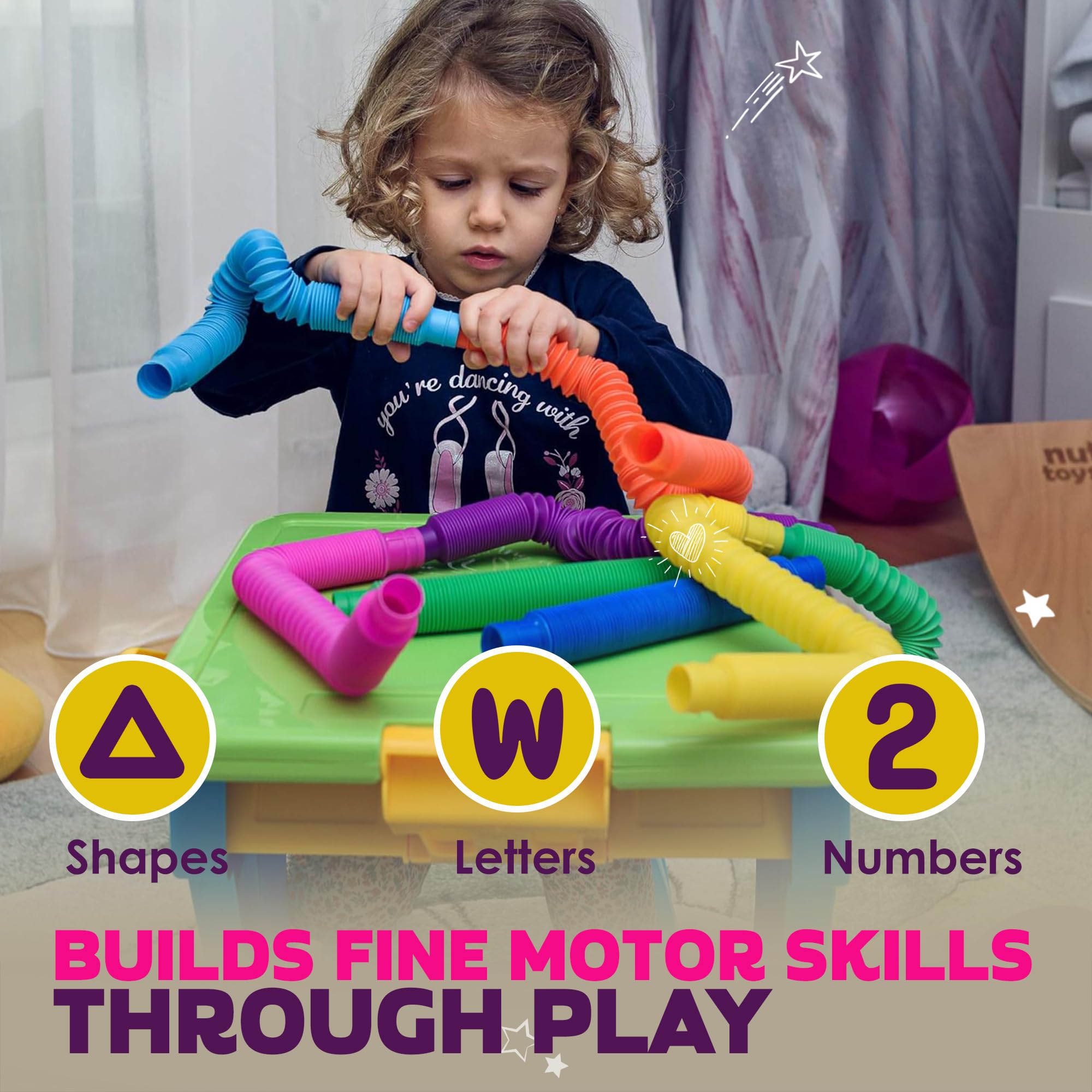Nutty Toys Pop Tubes durable construction withstands repeated popping and bending for classroom or home use.