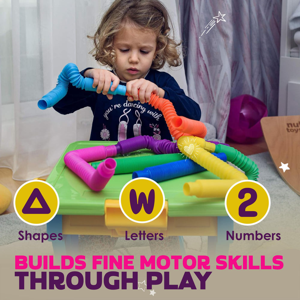 Nutty Toys Pop Tubes durable construction withstands repeated popping and bending for classroom or home use.
