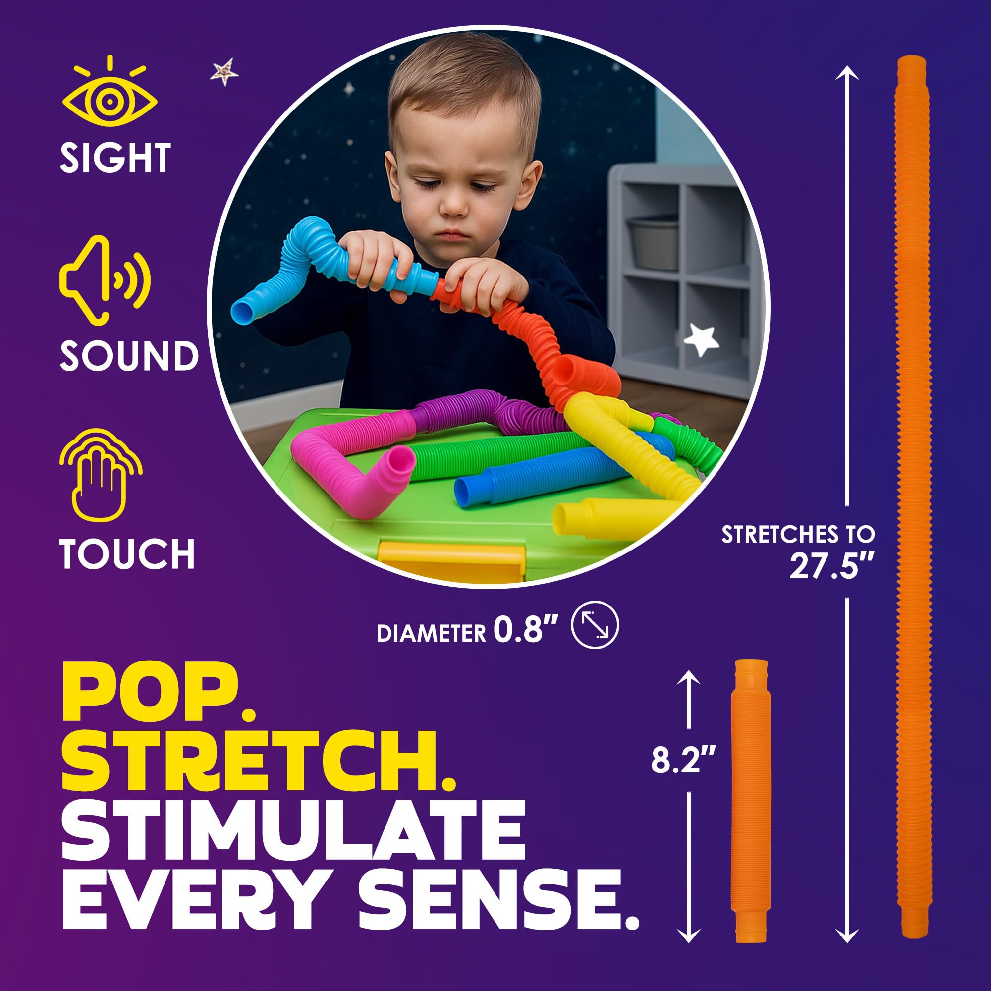 Nutty Toys Pop Tubes stretch and pop, providing tactile sensory feedback and stress-relief during car rides.
