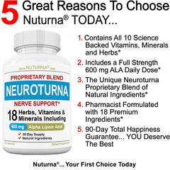 Nuturna Neuroturna capsules close-up highlighting 600 mg ALA formula