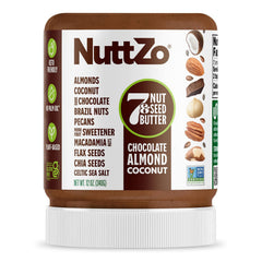 NuttZo Keto Chocolate Almond Coconut jar close-up showing rich texture and low carb appeal.