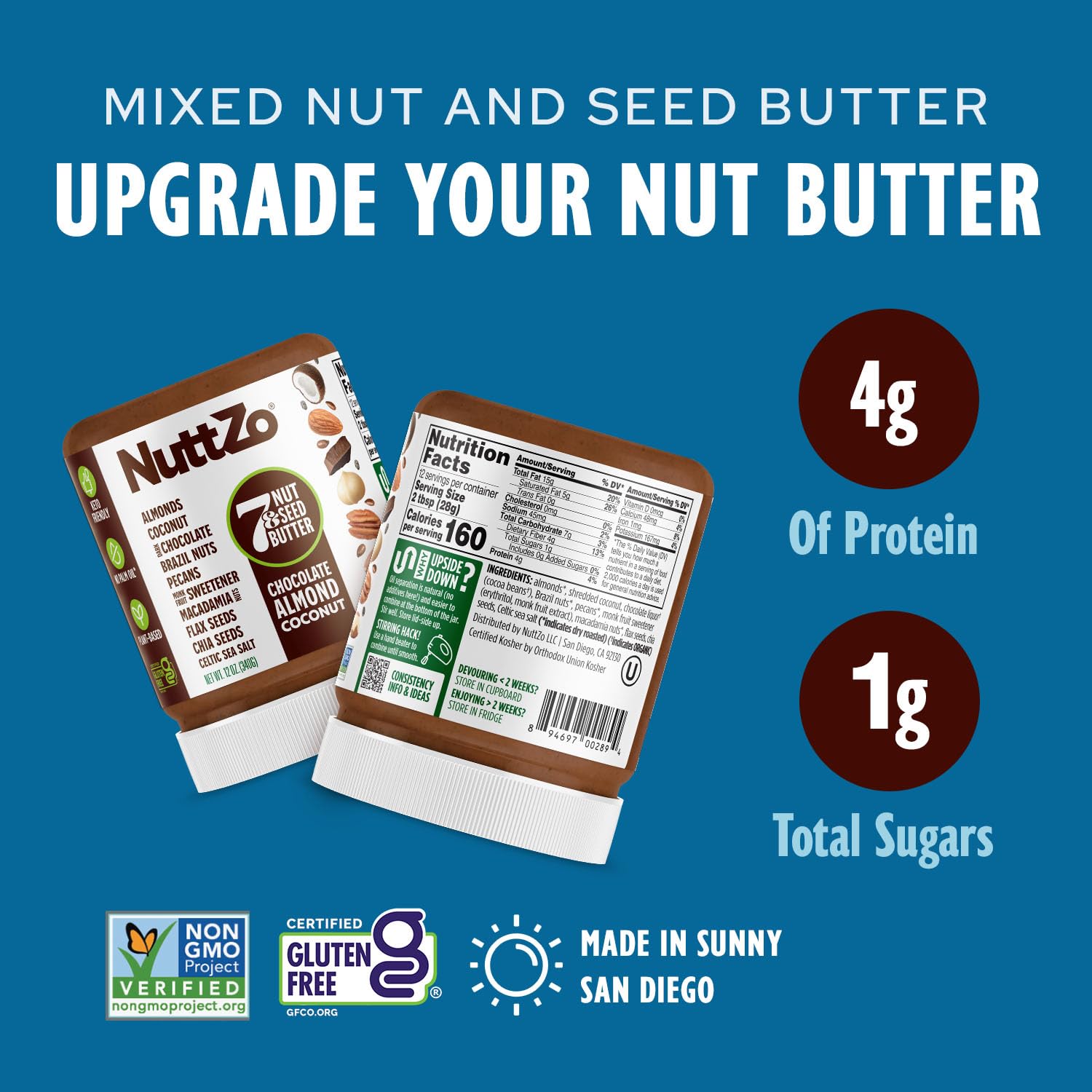 NuttZo Keto smoothie mix-in close-up shows creamy flavor enhancer with 2g net carbs.