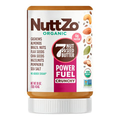 NuttZo Organic Power Fuel crunchy butter jar close-up highlighting seven nuts and seeds