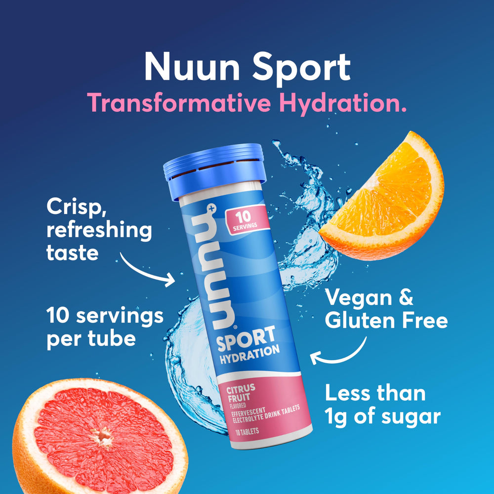 Nuun Citrus Fruit tabs dissolving in water to refresh hydration.