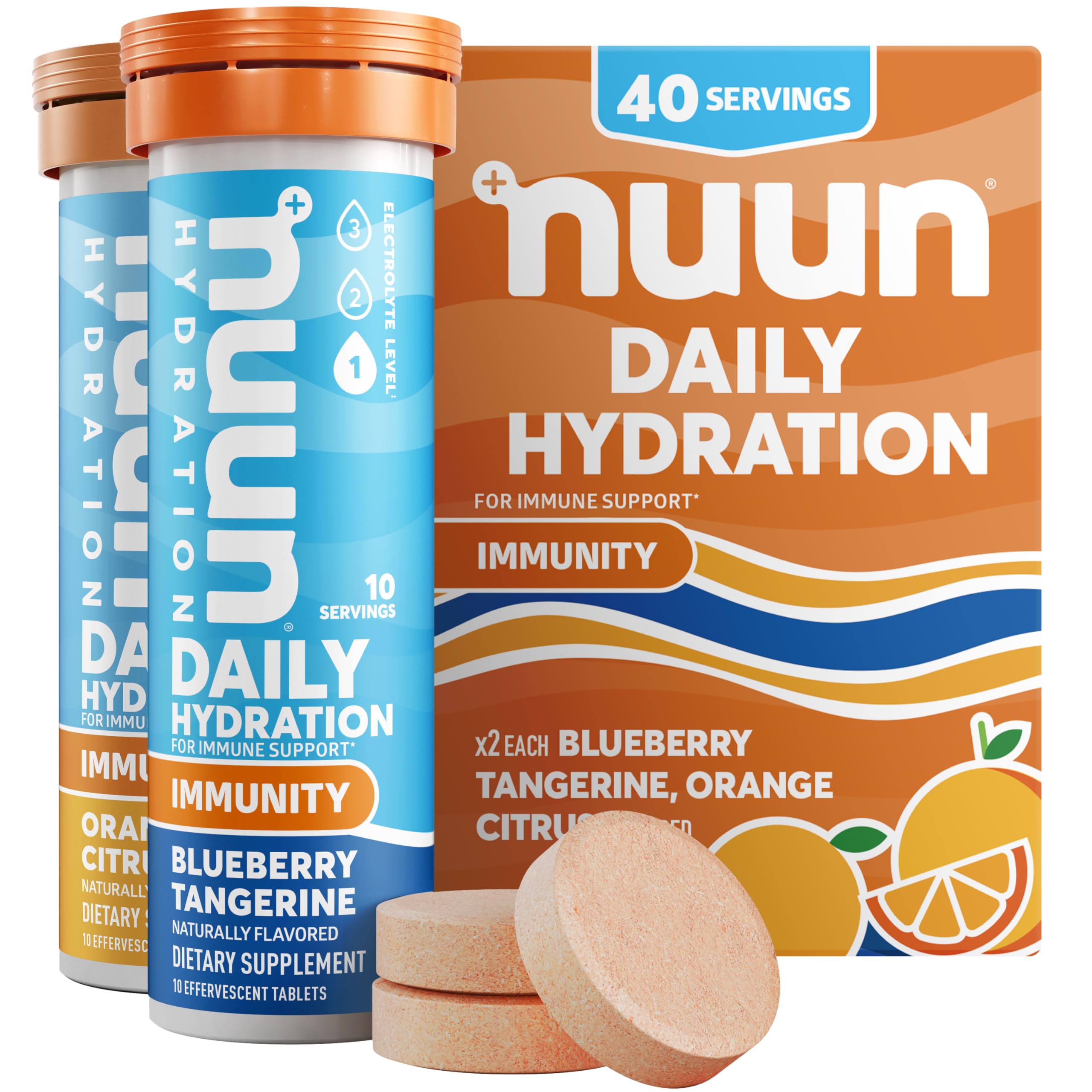 Nuun Immunity blueberry-tangerine tablet dissolves in water for flavorful hydration.