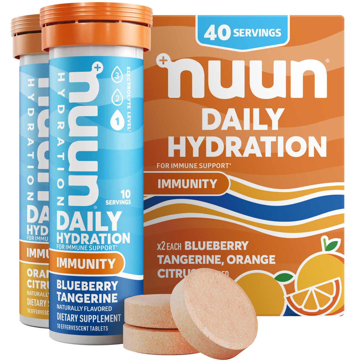 Nuun Immunity blueberry-tangerine tablet dissolves in water for flavorful hydration.