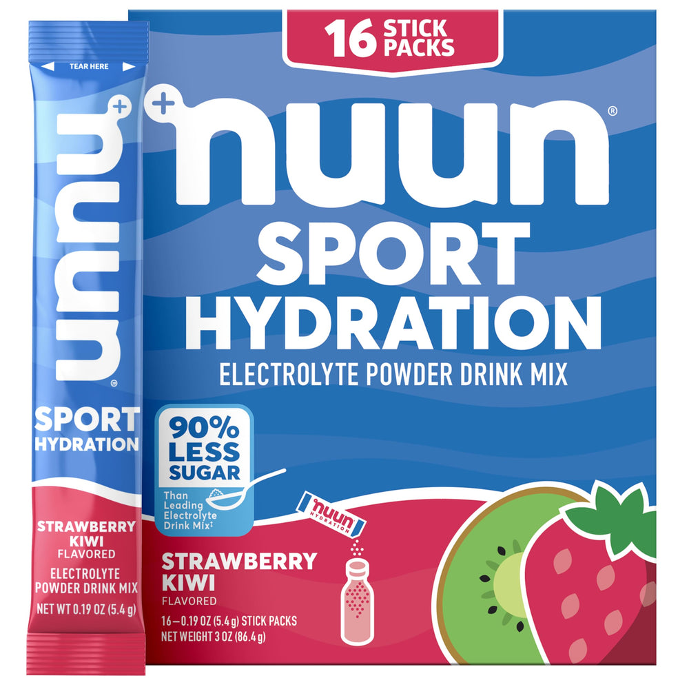 Nuun Sport electrolyte powder stick in Strawberry Kiwi for on-the-go hydration with low sugar.