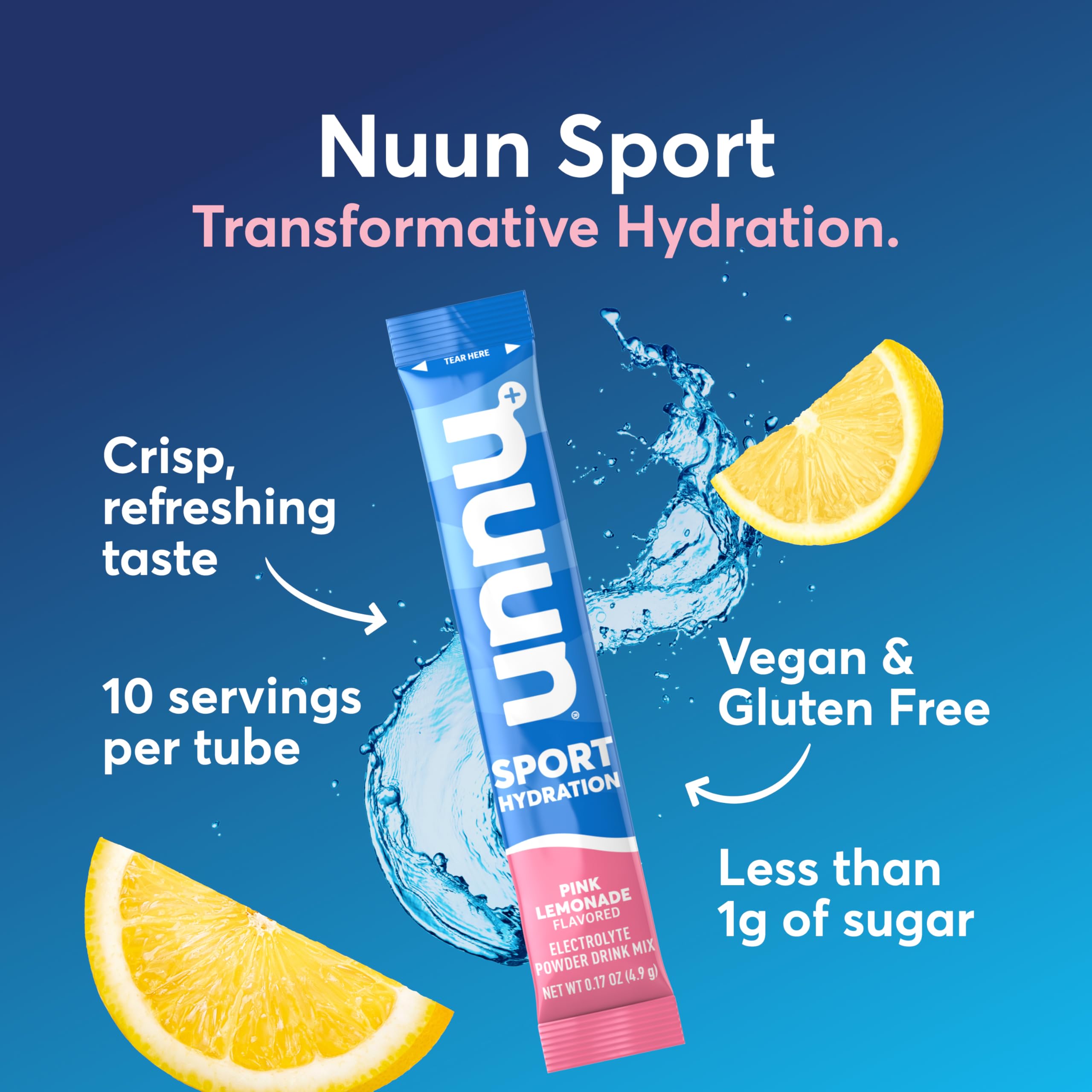 Nuun Sport Pink Lemonade dissolving in a 16 oz glass of water.