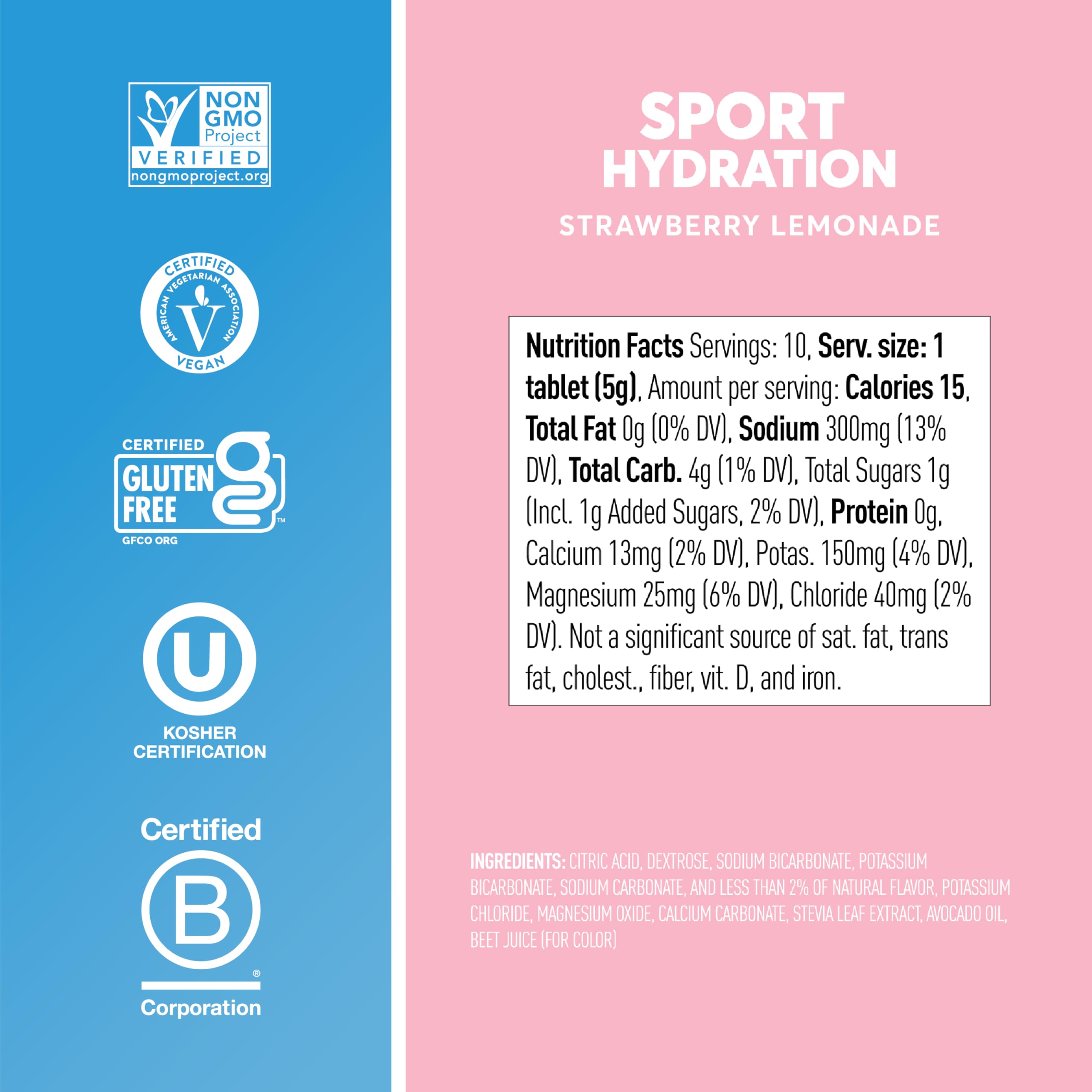 Close-up of Nuun tablet ingredients highlighting vegan, gluten-free formula.