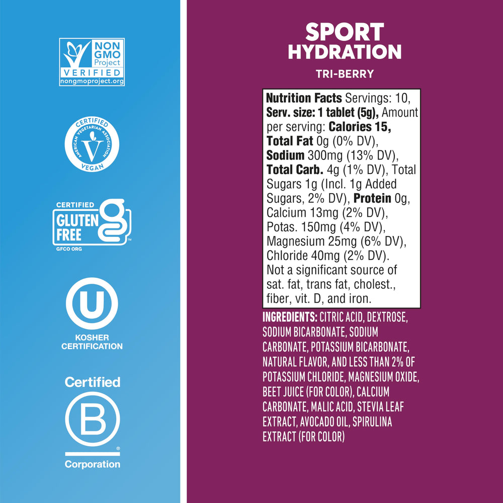 Nuun Tri-Berry label highlighting vegan and gluten-free formula.