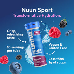 Nuun Tri Berry in a glass of water with fizz.