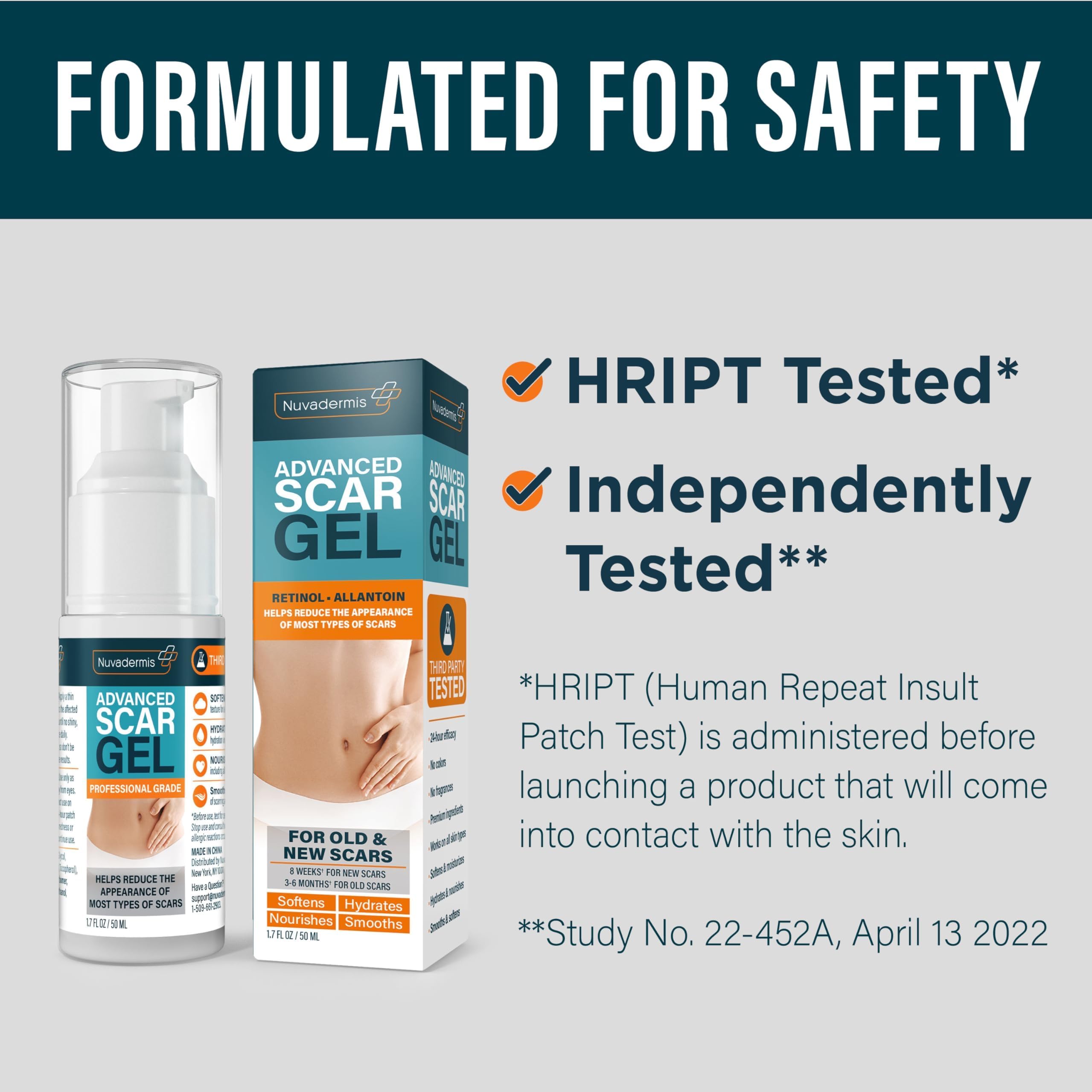 NUVADERMIS Scar Gel for older scars showing long-lasting moisture
