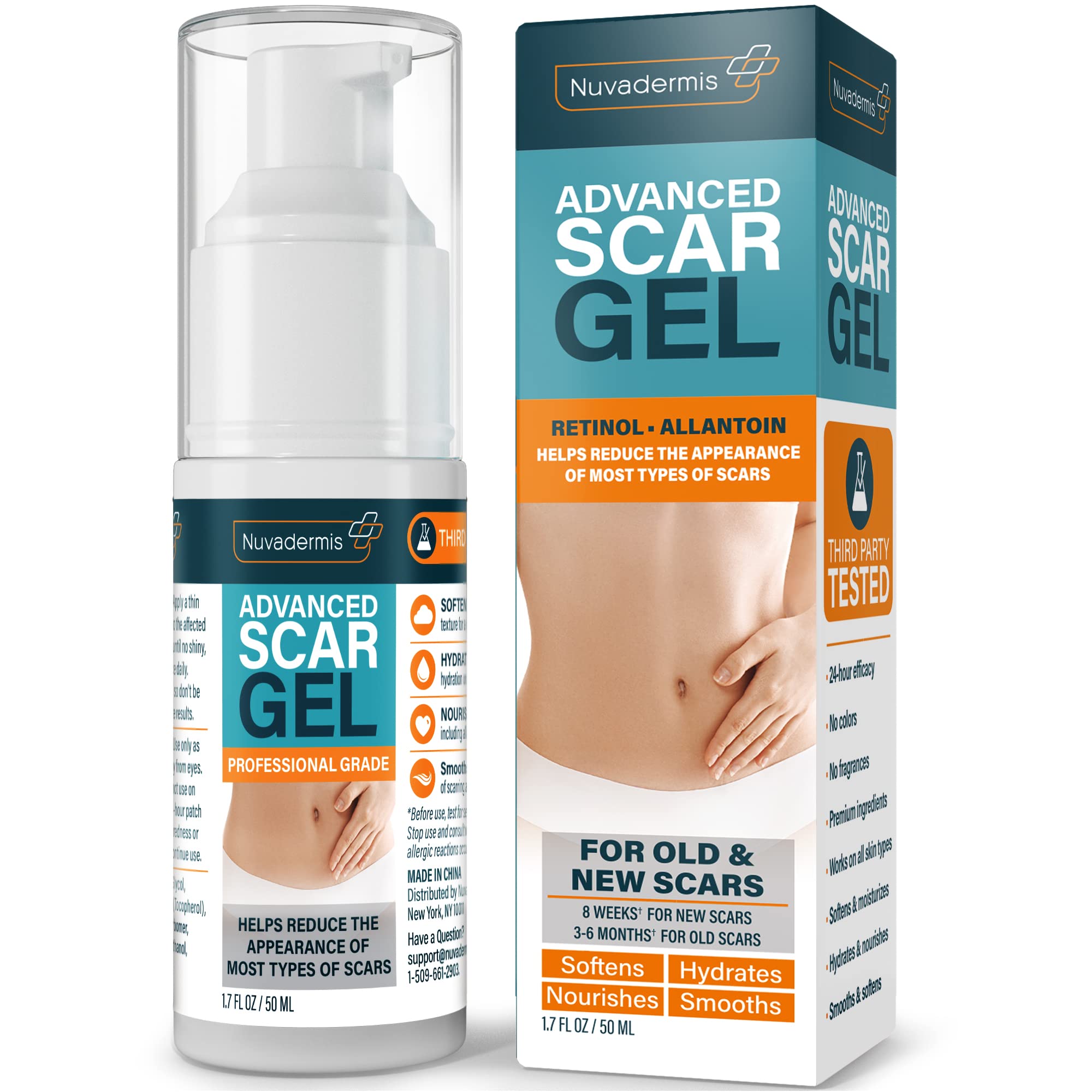NUVADERMIS Scar Gel on skin showing transparent texture for scar care