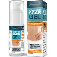 NUVADERMIS Scar Gel on skin showing transparent texture for scar care