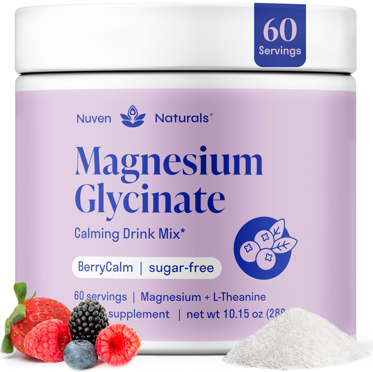 Nuven Naturals magnesium glycinate powder bottle for relaxing routines.