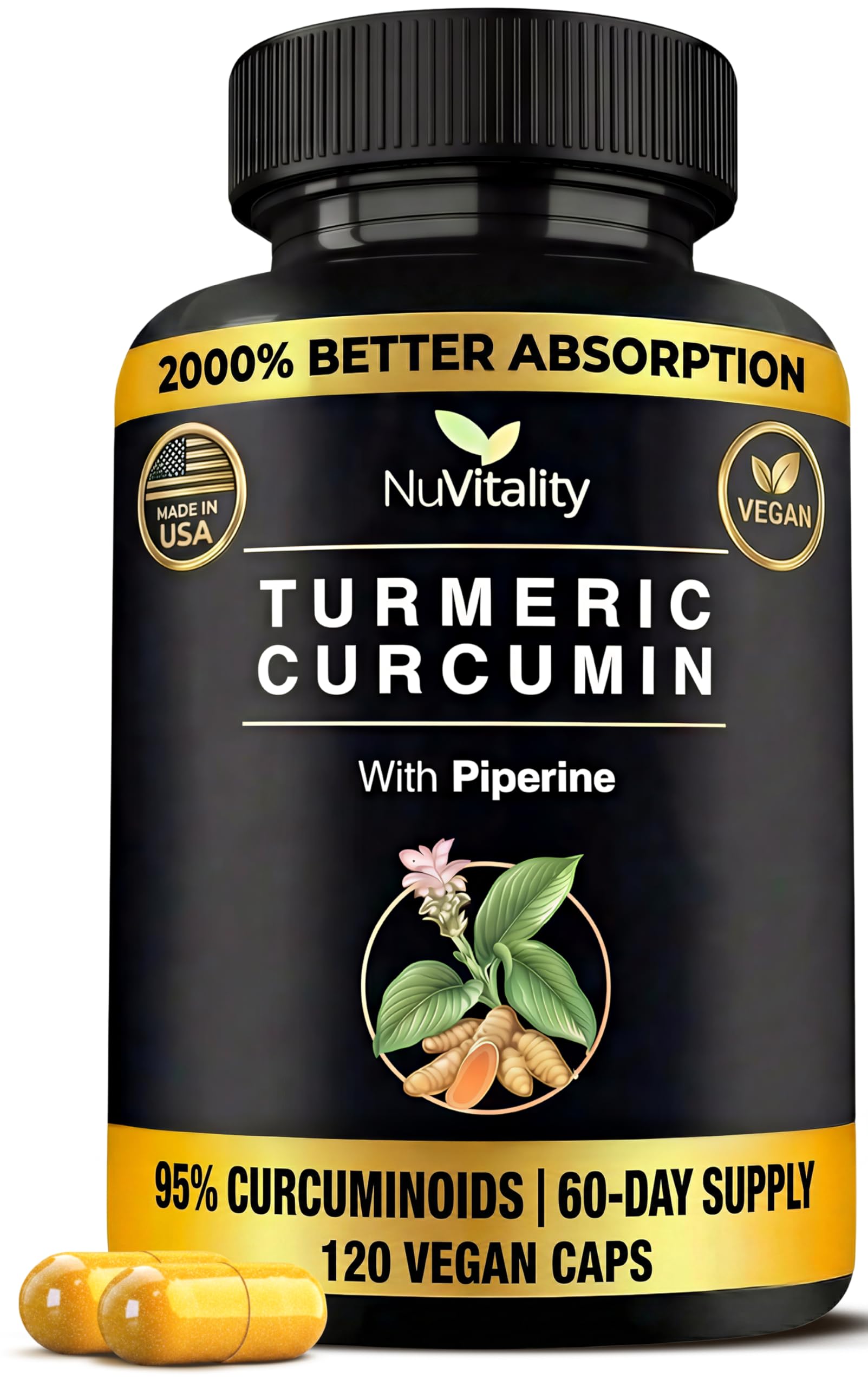 NuVitality turmeric 120 capsules bottle front, highlighting 95% curcuminoids for joint comfort.