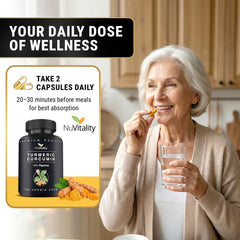 NuVitality turmeric bottle pour, illustrating easy daily dosage for on-the-go routines.