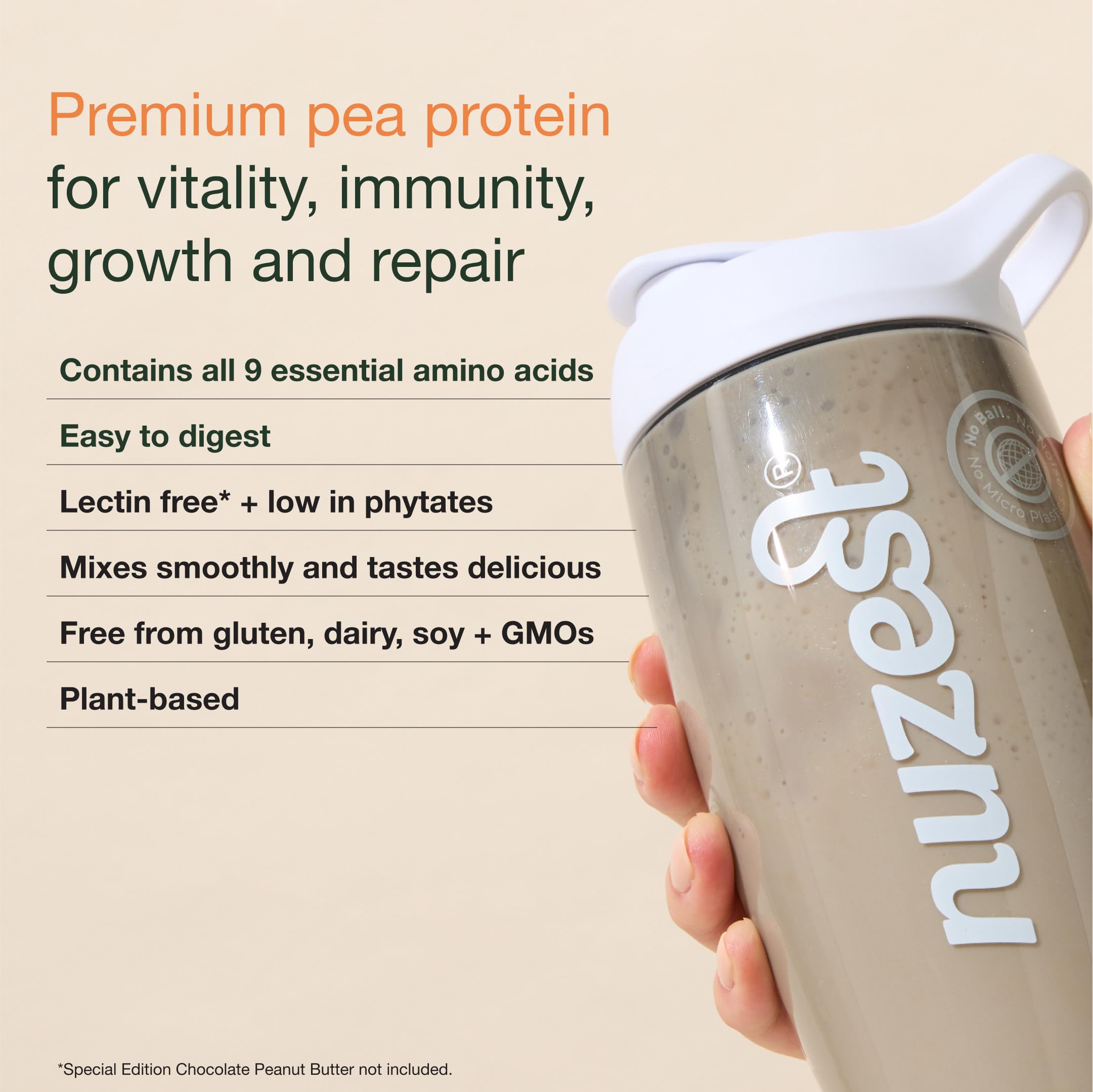 Nuzest pea protein powder ingredients list highlighted on the label