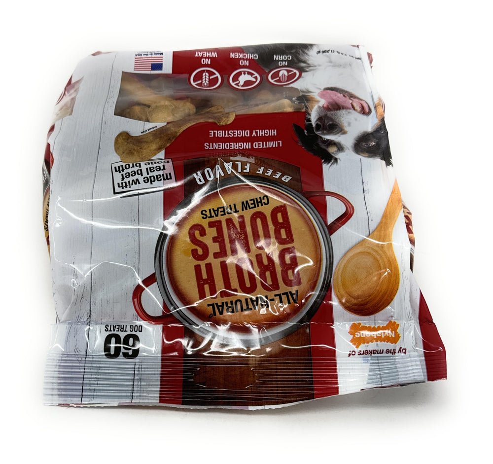 Nylabone Beef Broth Bones 60-count tub displayed on a shelf.